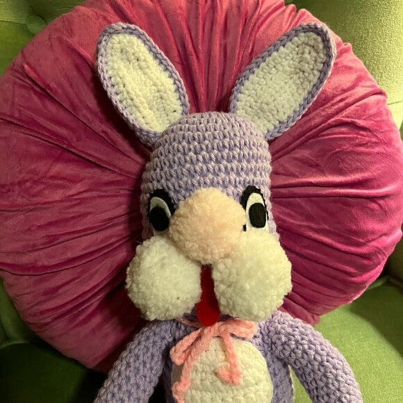 True Vintage Crocheted Amigurumi Purple Easter Bunny Rabbit Plush Stuffed Animal - Picture 11 of 12